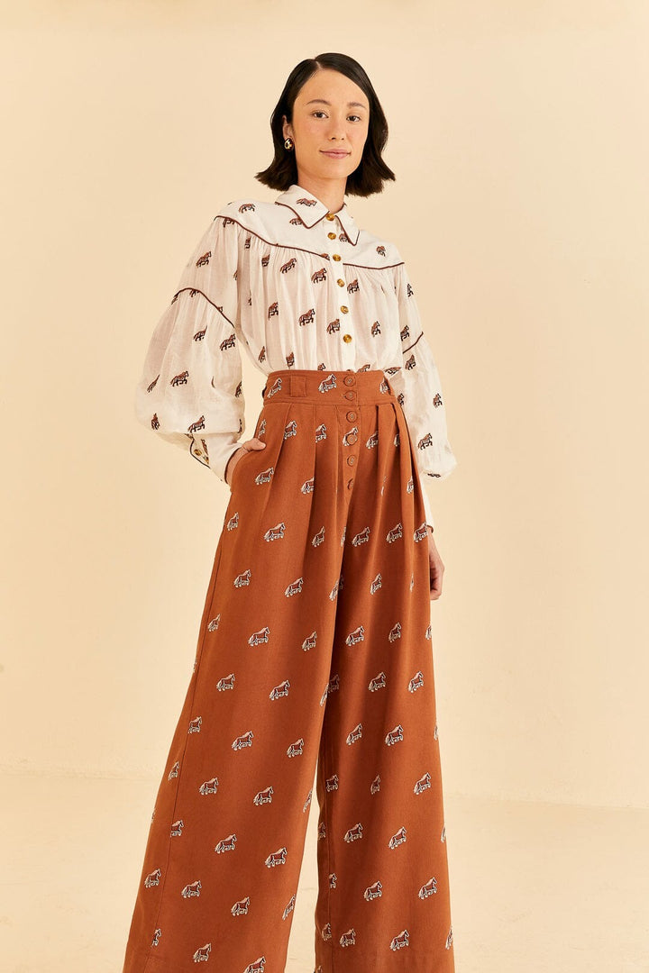 Caramel Embroidered Horses Pleated Wide Leg Pant