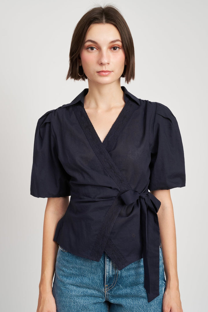 Navy Embroidered Voile Wrap Alexa Blouse