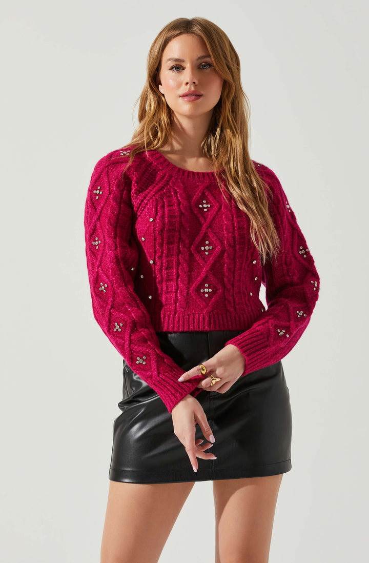 Pink Rhinestone Embellished Cable Knit Madison Sweater