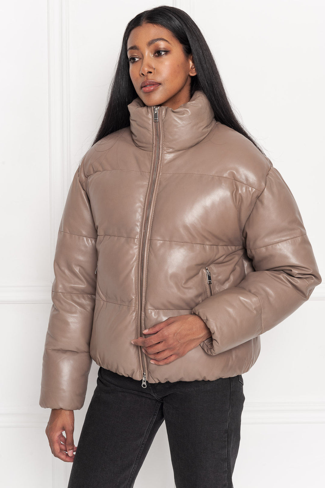 Mink Brown Down-Filled Leather Puffer Jacket