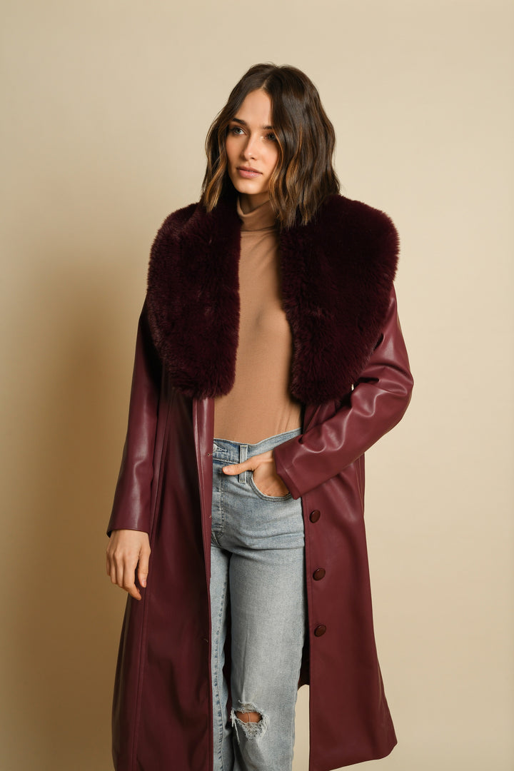 Merlot Faux Leather & Fur Trench Coat