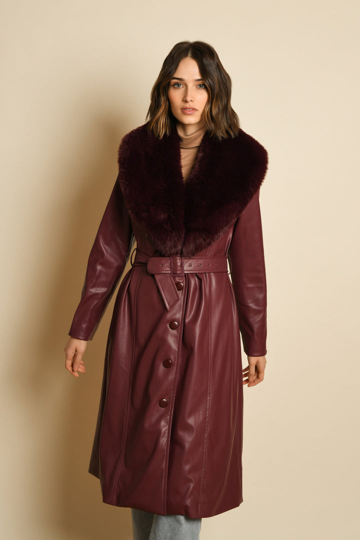 Merlot Faux Leather & Fur Trench Coat