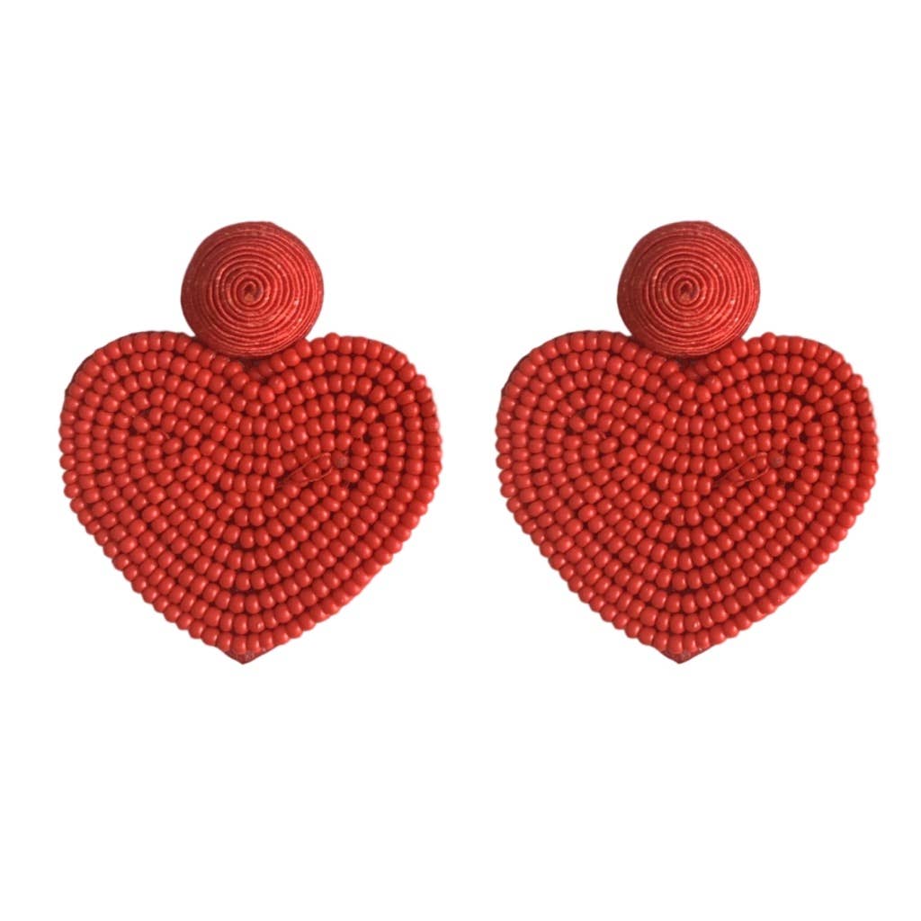 Red Beaded Heart Drop Earrings